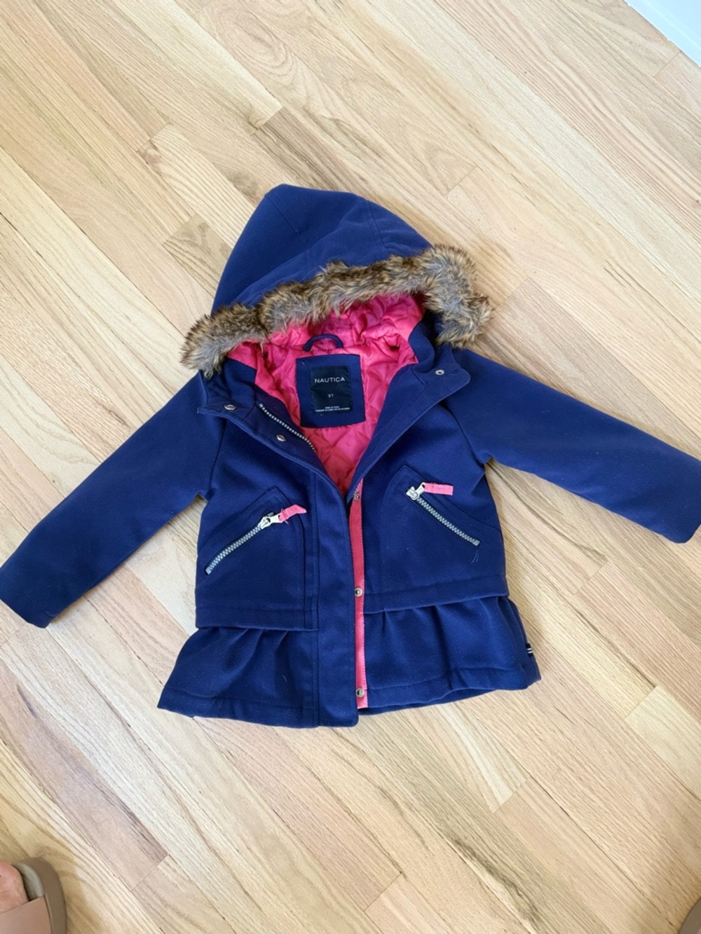 Nautica Navy Jacket with Hot Pink Quilted Lining and Faux Fur Trim size 3T